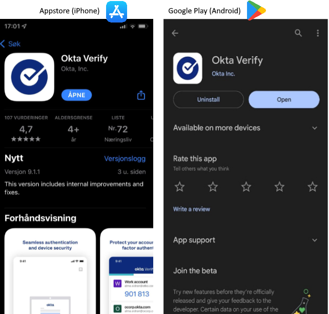Okta verify appstore og google play